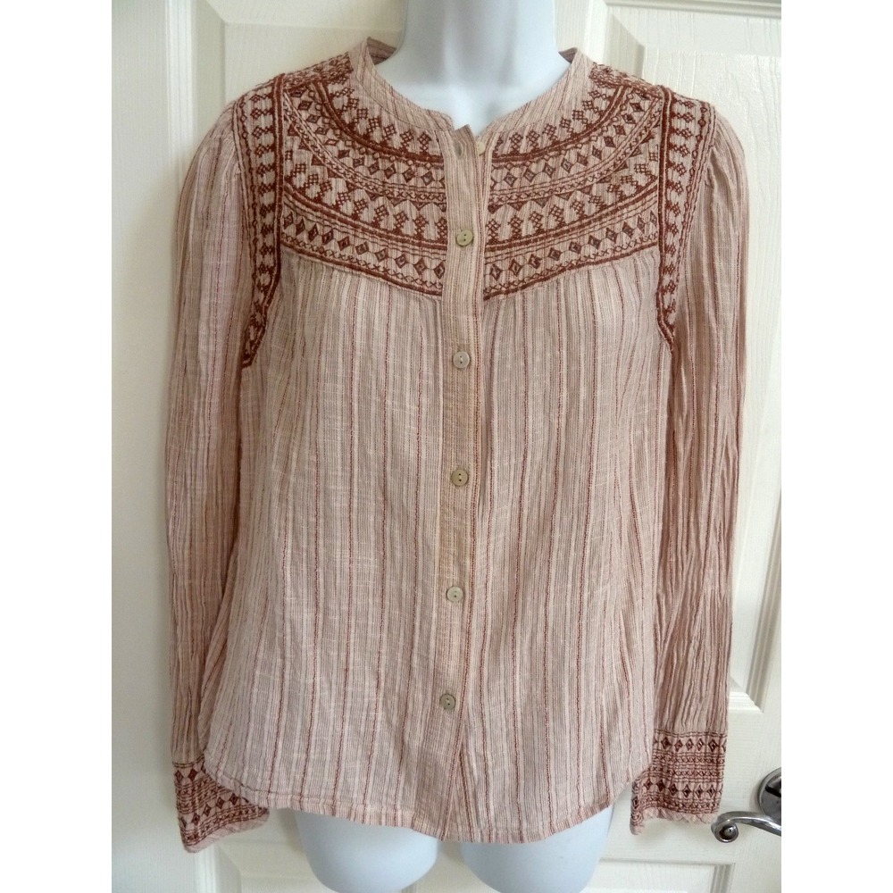 Wrap London Sz 4 Boho Blouse Embroidered Vertical Stripe Textured Gauzy Brown